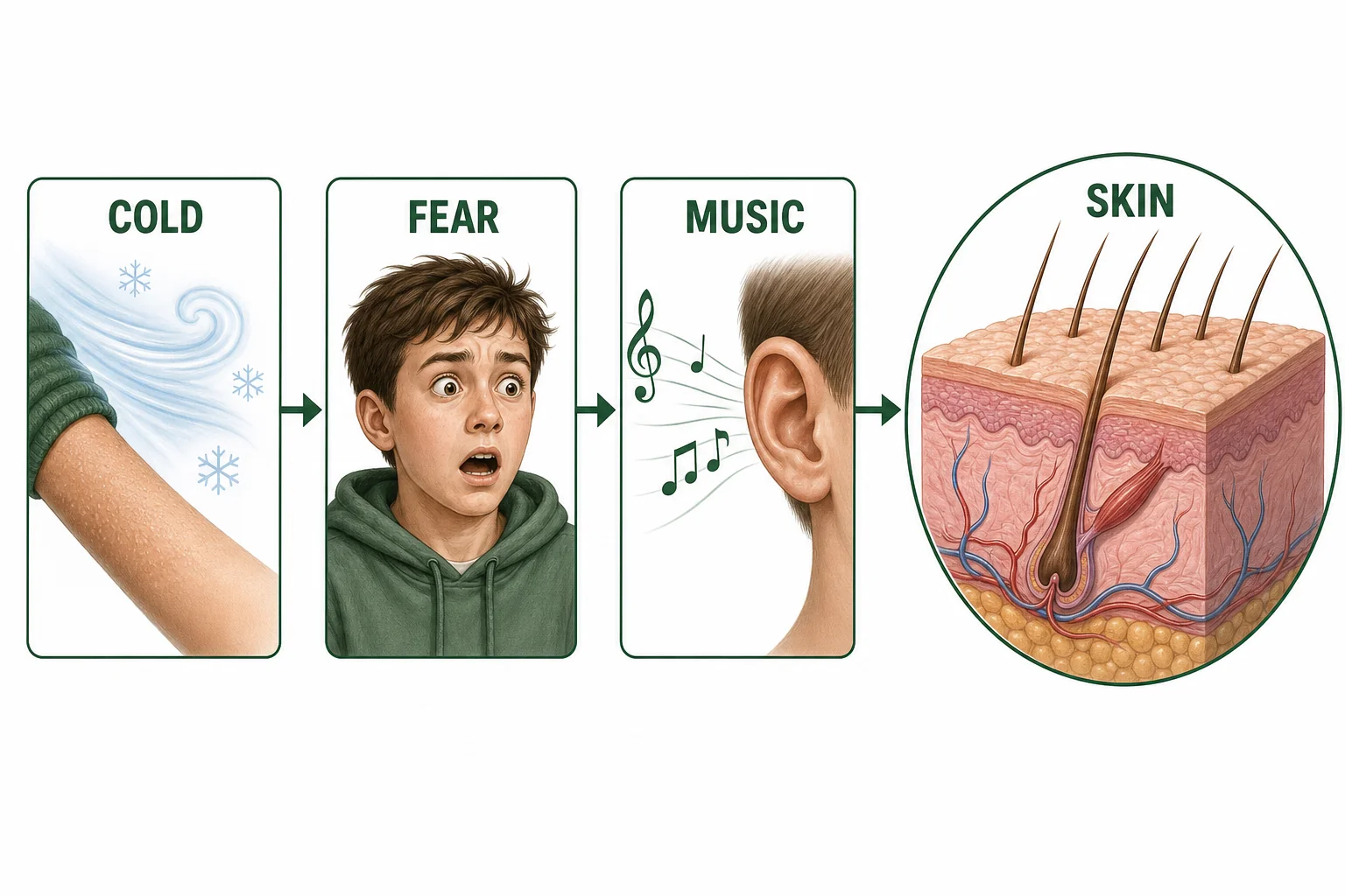 Three trigger scenes showing cold air, a startled person, and music leading to the same skin response with raised hairs.