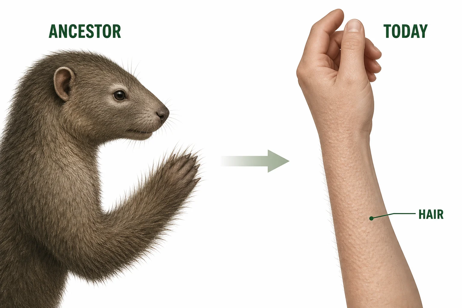 Evolution-themed diagram showing a furry ancestor with raised fur and a modern human arm with small goosebumps.