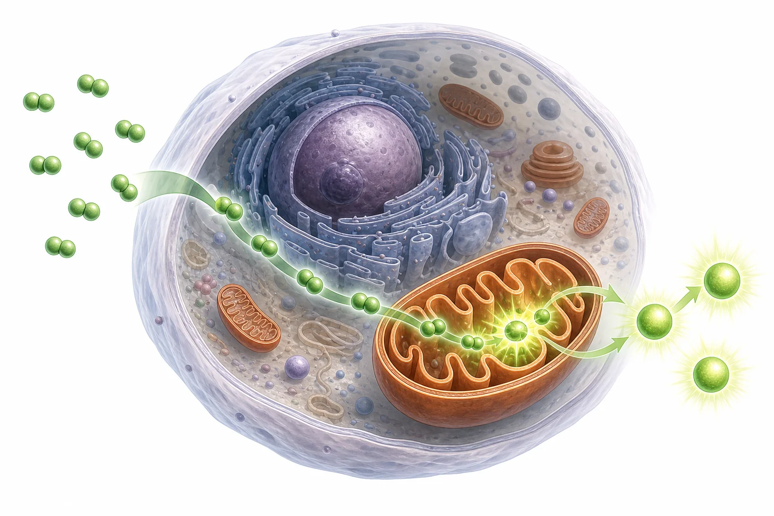 Diagram of oxygen moving from the lungs into the blood and then to body cells that use it to release energy from food.