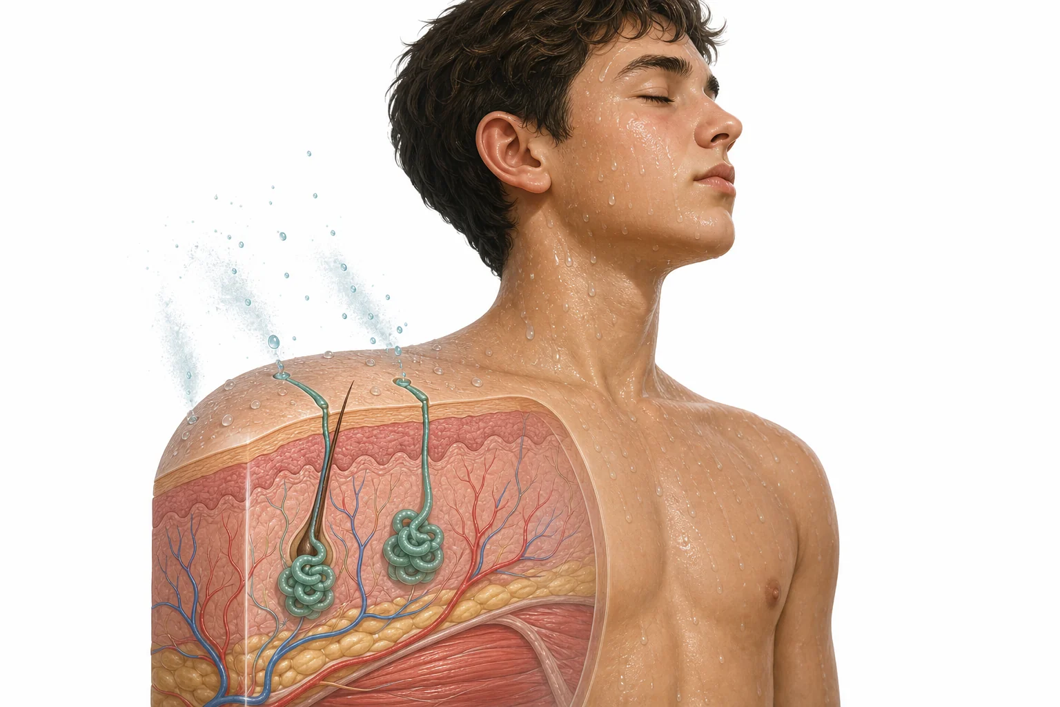 A child with sweat drops on their forehead while heat leaves the skin and cooler air moves nearby