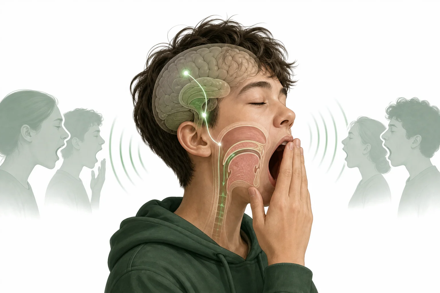 A student yawning while simple biology icons show the brain, lungs, and social signals involved in yawning.