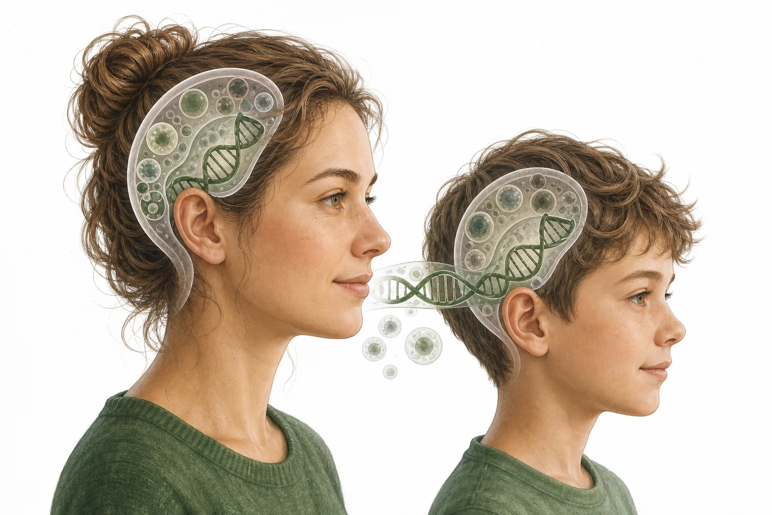 A child standing between two parents with simple DNA strands and shared features such as hair color and dimples shown nearby.