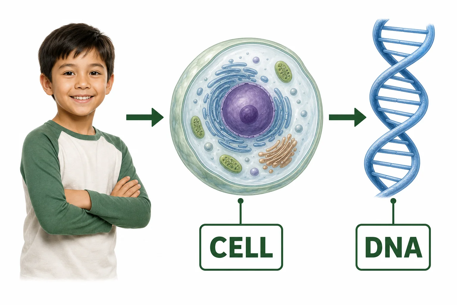 A simple diagram shows a child, a zoomed-in body cell, and a DNA strand inside the cell.