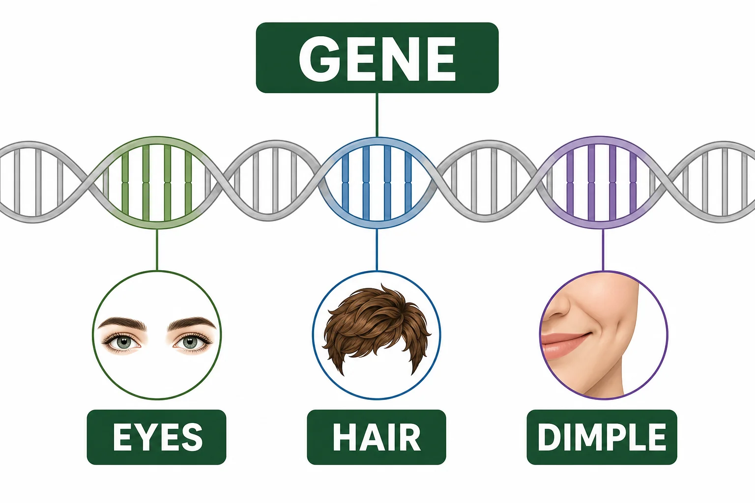 A DNA strand has small highlighted gene sections connected to simple feature icons such as hair, eyes, and dimples.