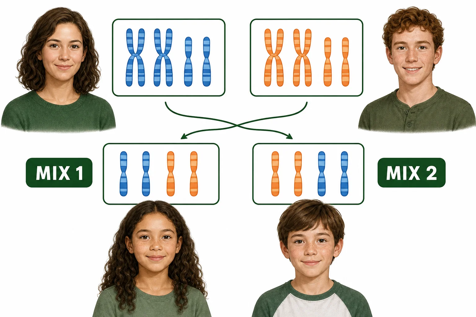 Two siblings are shown with some shared features and some different features, with chromosome cards from the same parents mixed differently.