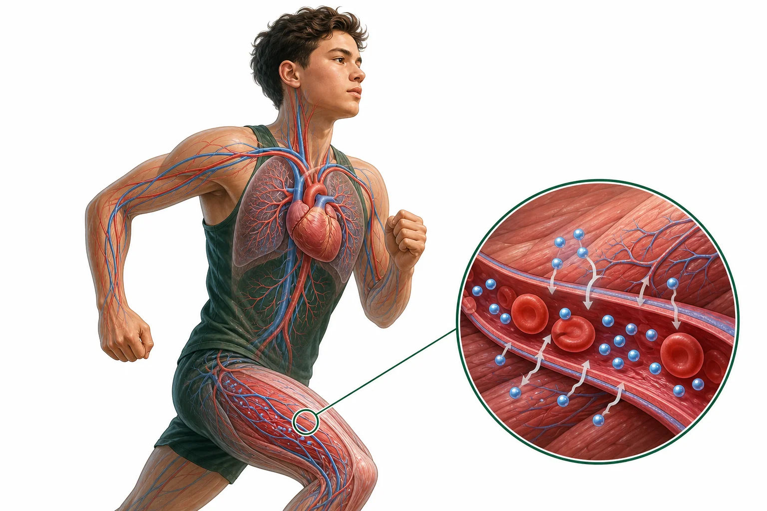 A middle school runner with an enlarged view of the heart, lungs, blood vessels, and leg muscles showing oxygen delivery during exercise.