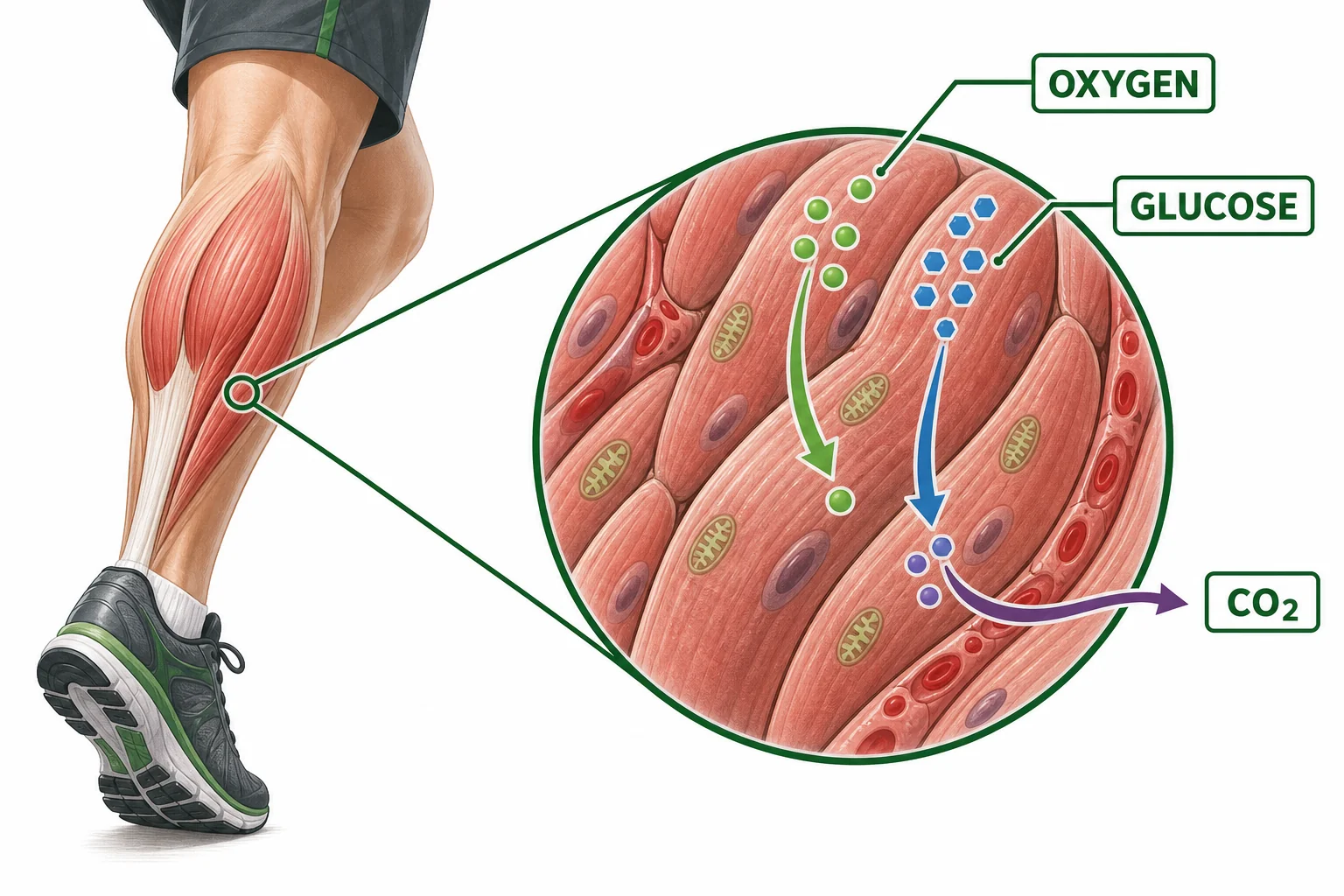 Leg muscle cells using oxygen and glucose while producing carbon dioxide during running.