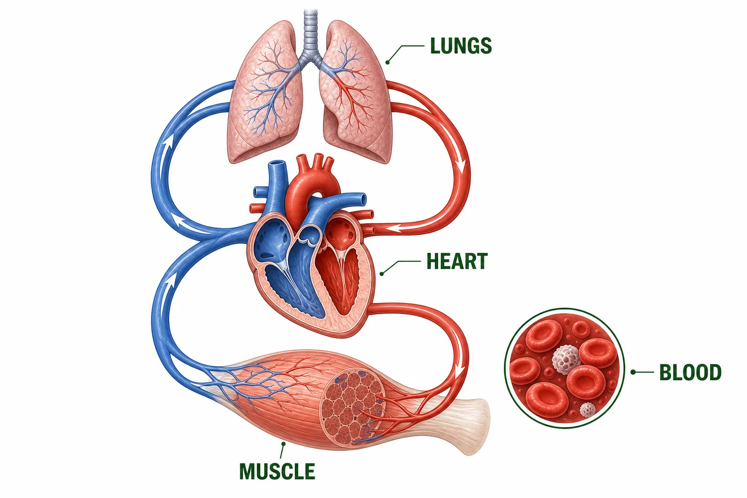 A simplified circulation loop showing lungs, heart, leg muscles, arteries, veins, oxygen delivery, and carbon dioxide return.