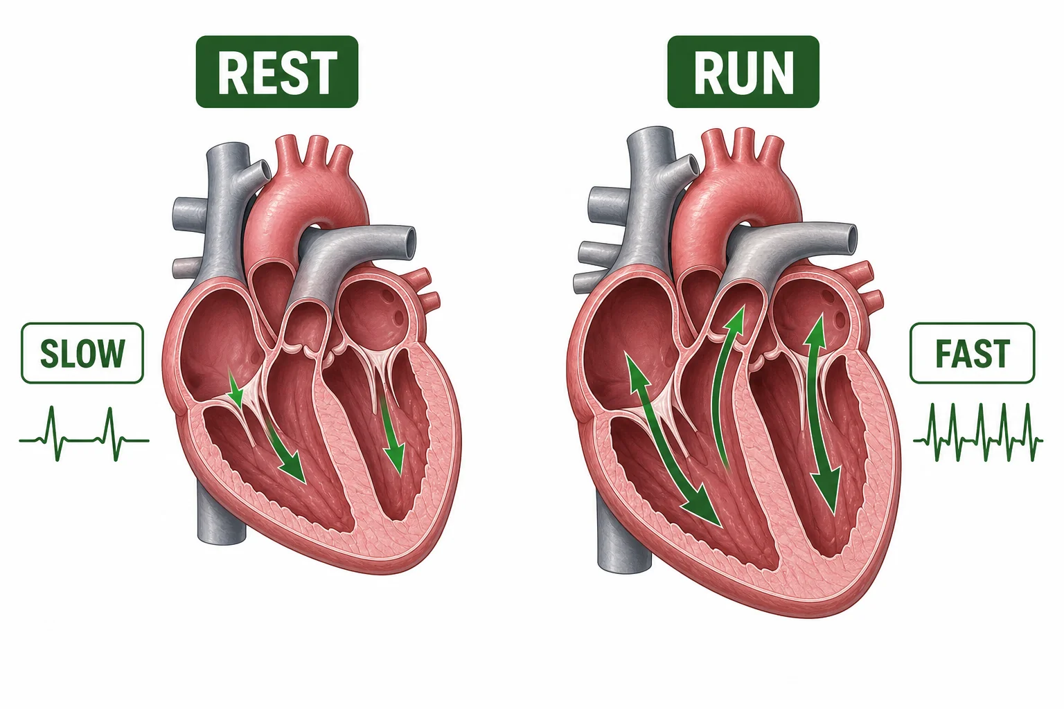 Two heart diagrams comparing resting output and running output with more frequent blood pulses during running.