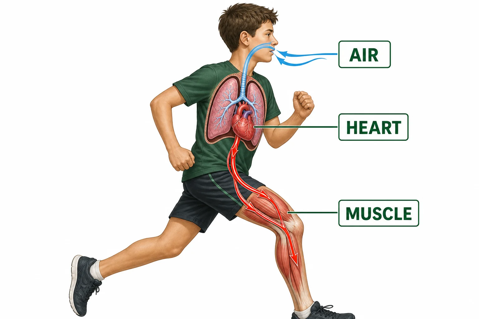 A runner with lungs and heart highlighted, showing oxygen entering the lungs and blood carrying oxygen to working muscles.