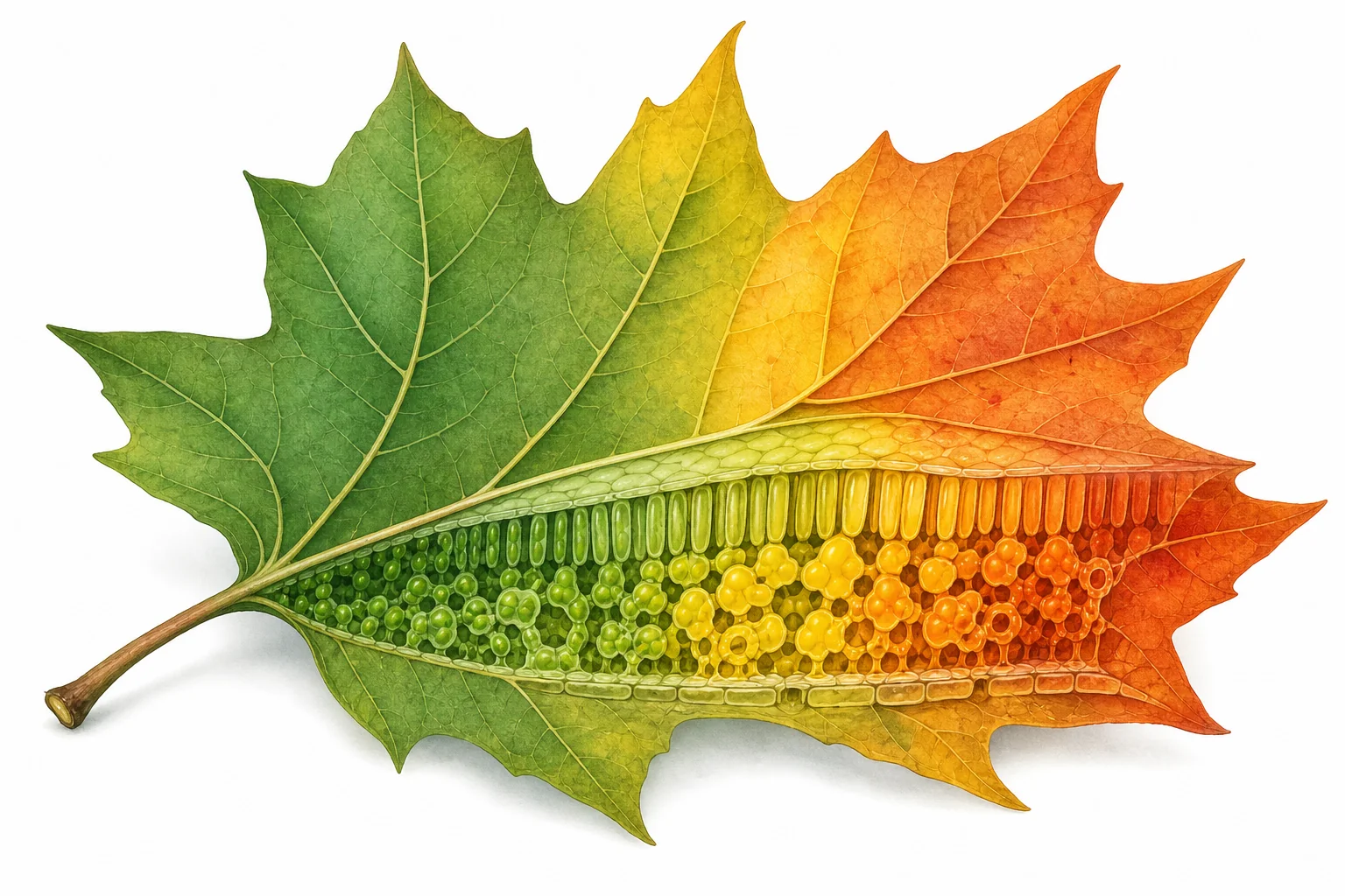 A branch showing green, yellow, orange, and red leaves to compare pigment changes during fall