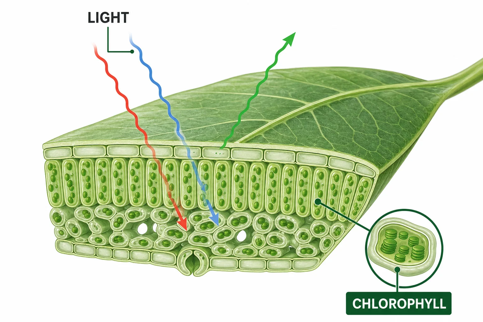 A green leaf cell diagram showing sunlight entering a leaf and chlorophyll absorbing red and blue light