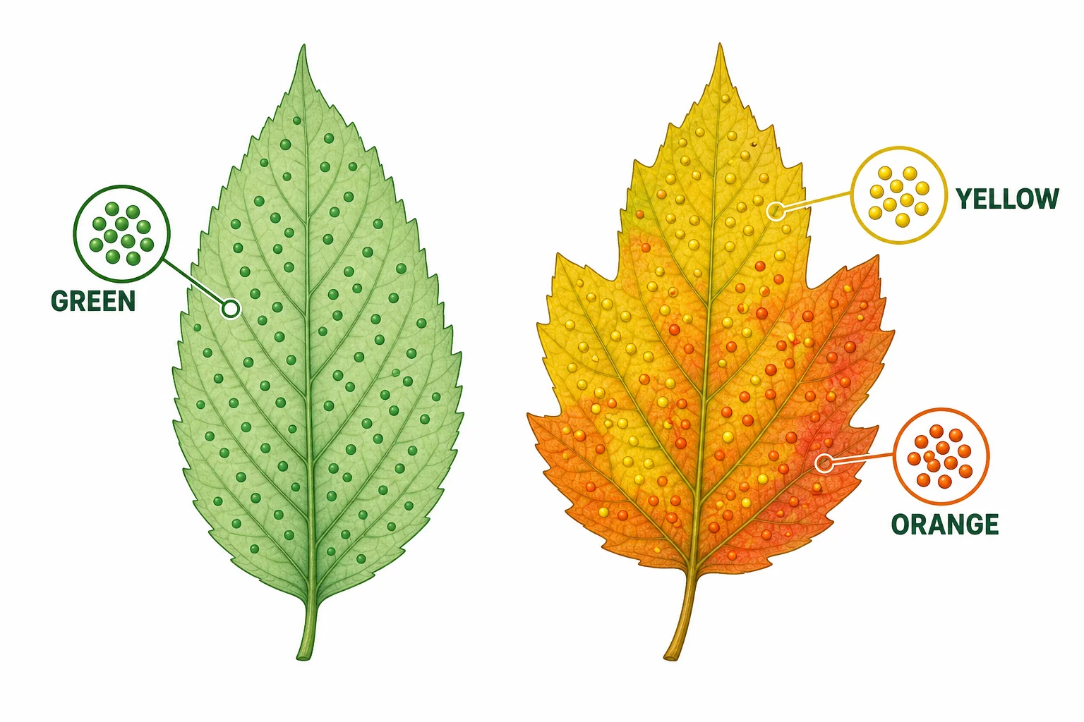A leaf pigment comparison showing green chlorophyll covering yellow and orange carotenoid colors