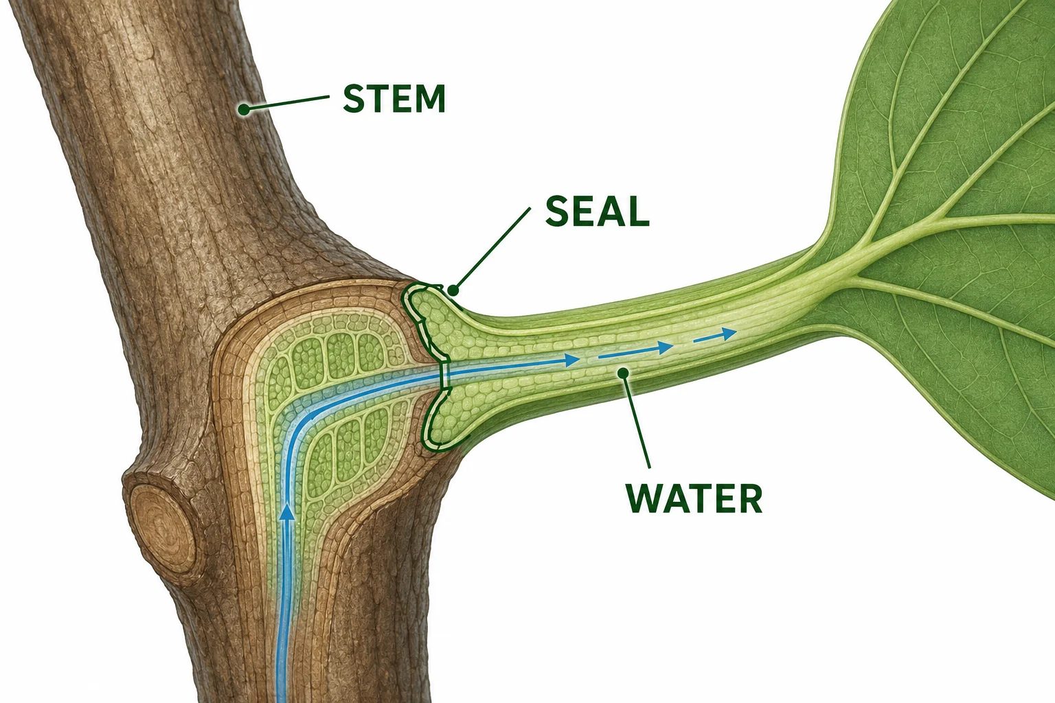 A twig and leaf stem showing a forming abscission layer that slows movement between leaf and branch