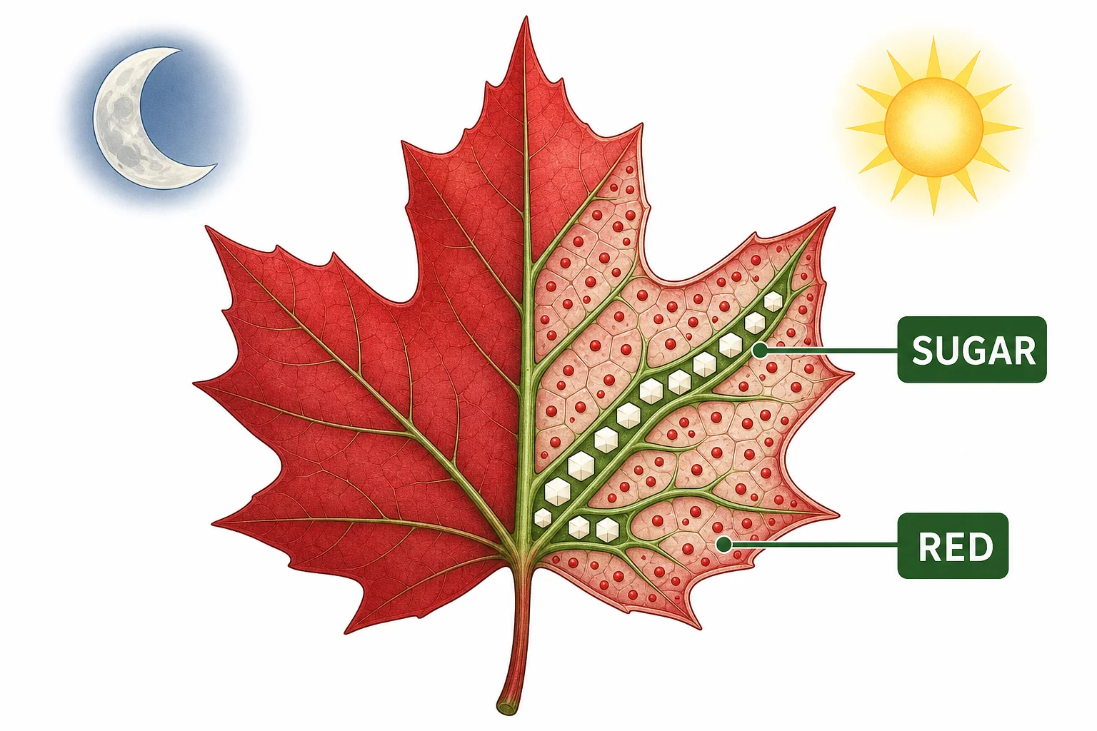 A red maple leaf diagram showing trapped sugar and anthocyanin pigments forming during cool fall nights