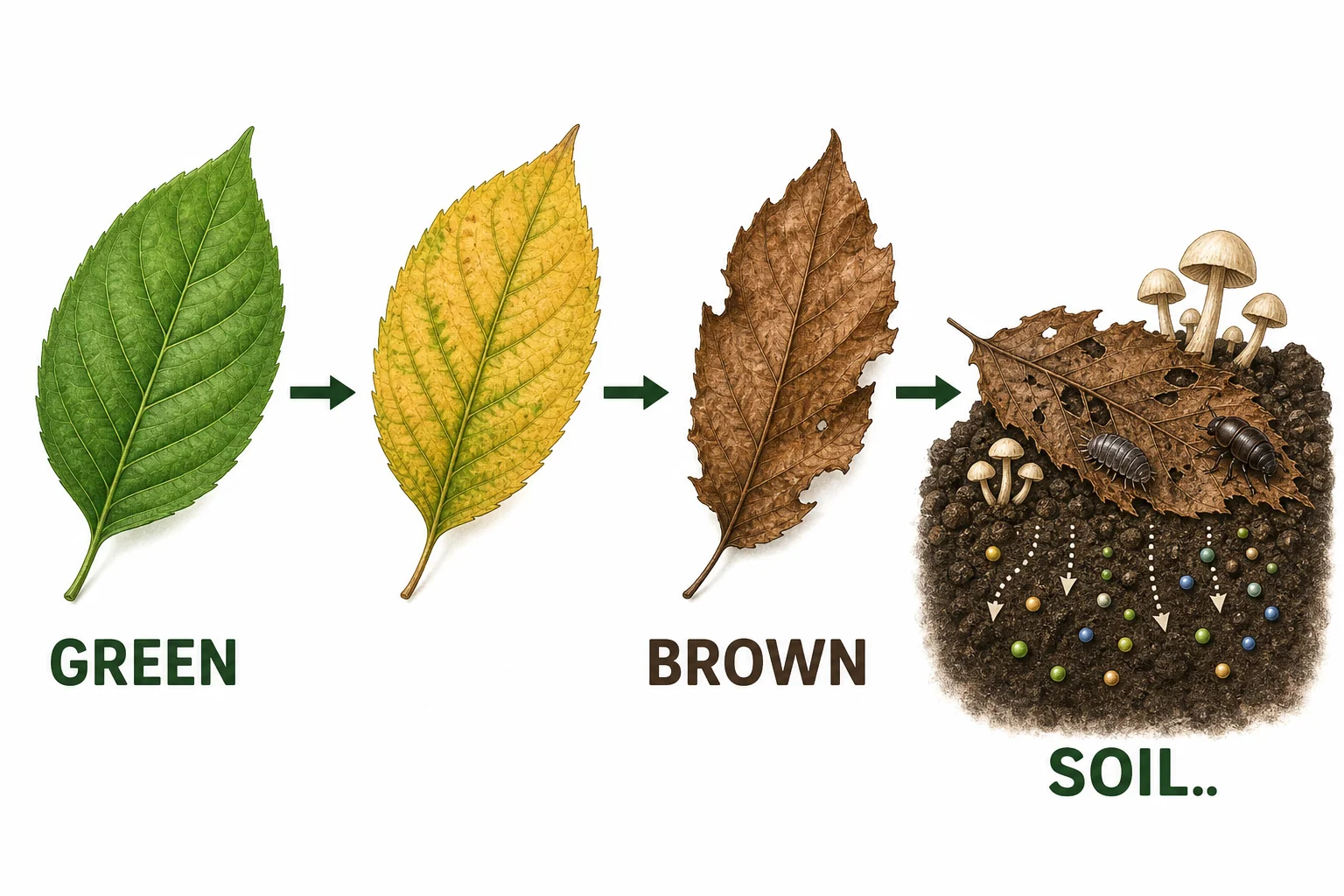 A sequence from green leaf to brown fallen leaf and decomposers returning nutrients to soil