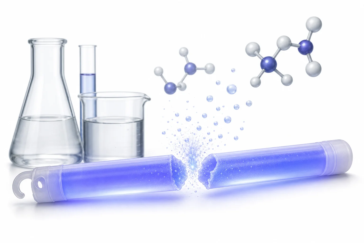 A cutaway view of a glow stick showing an outer plastic tube, an inner glass ampule, two liquids mixing, and colored light being produced