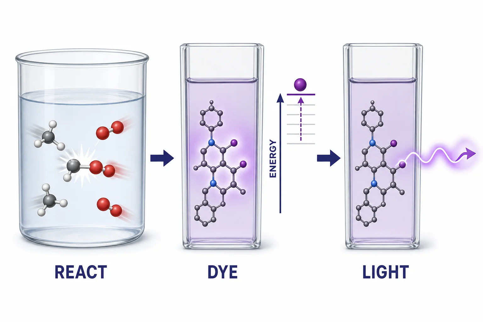 Energy flow diagram showing chemical reactants transferring energy to a dye molecule, which releases a photon of visible light