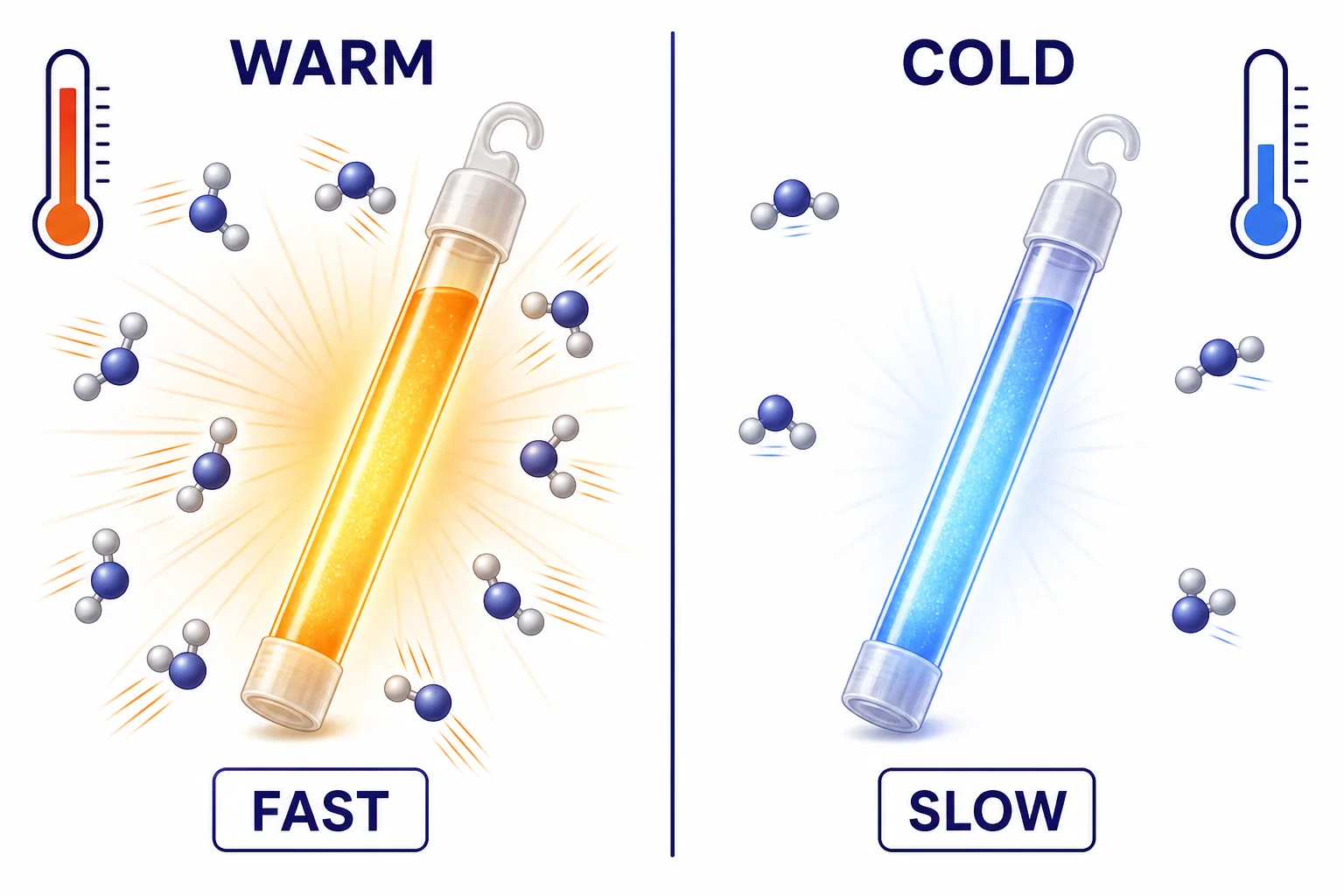 Comparison of warm and cold glow sticks showing faster molecular motion and brighter shorter glow at warm temperature, and slower motion with dimmer longer glow at cold temperature