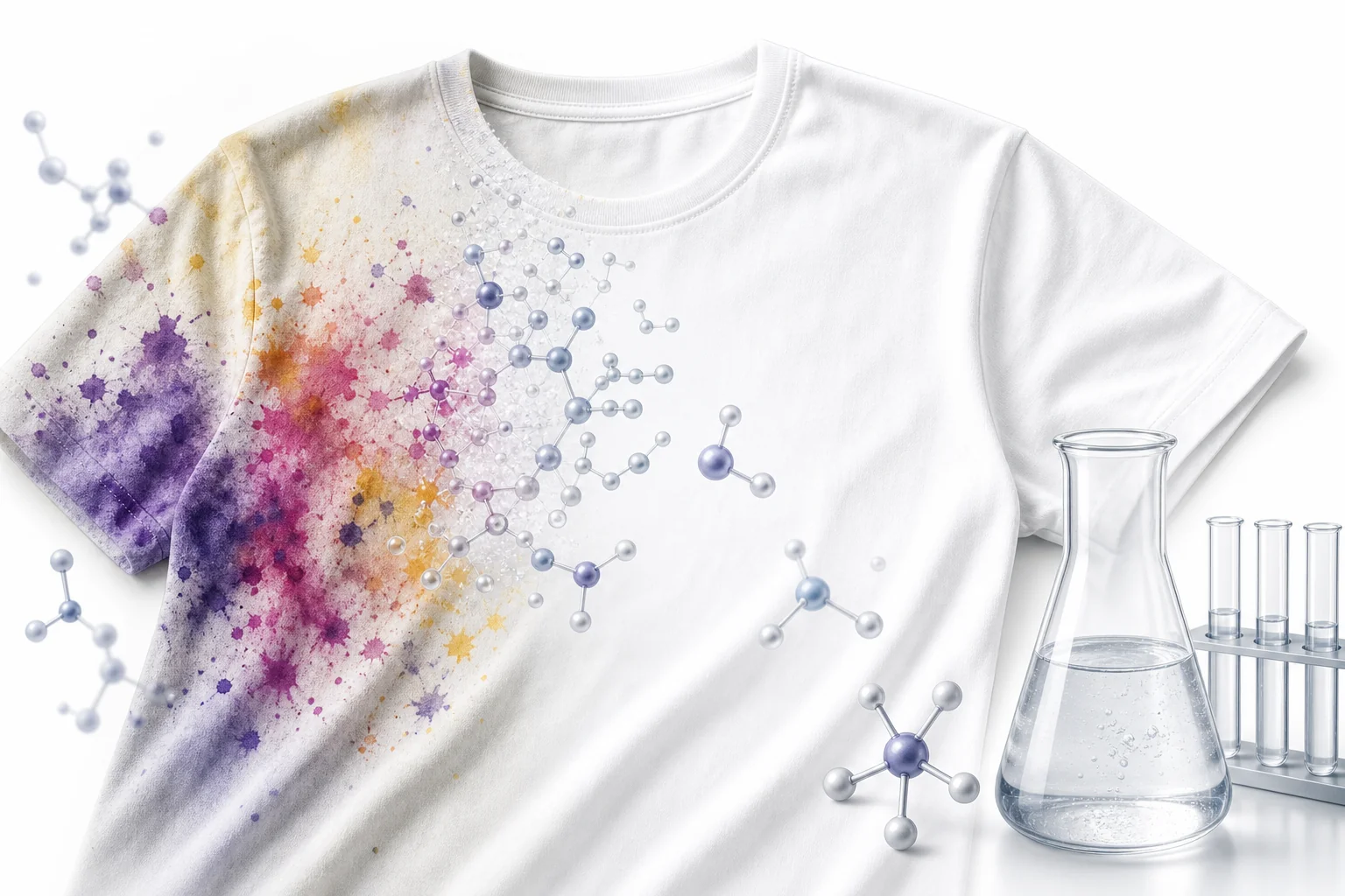 A white cotton shirt beside colored stain molecules that are being broken into smaller colorless pieces by bleach molecules