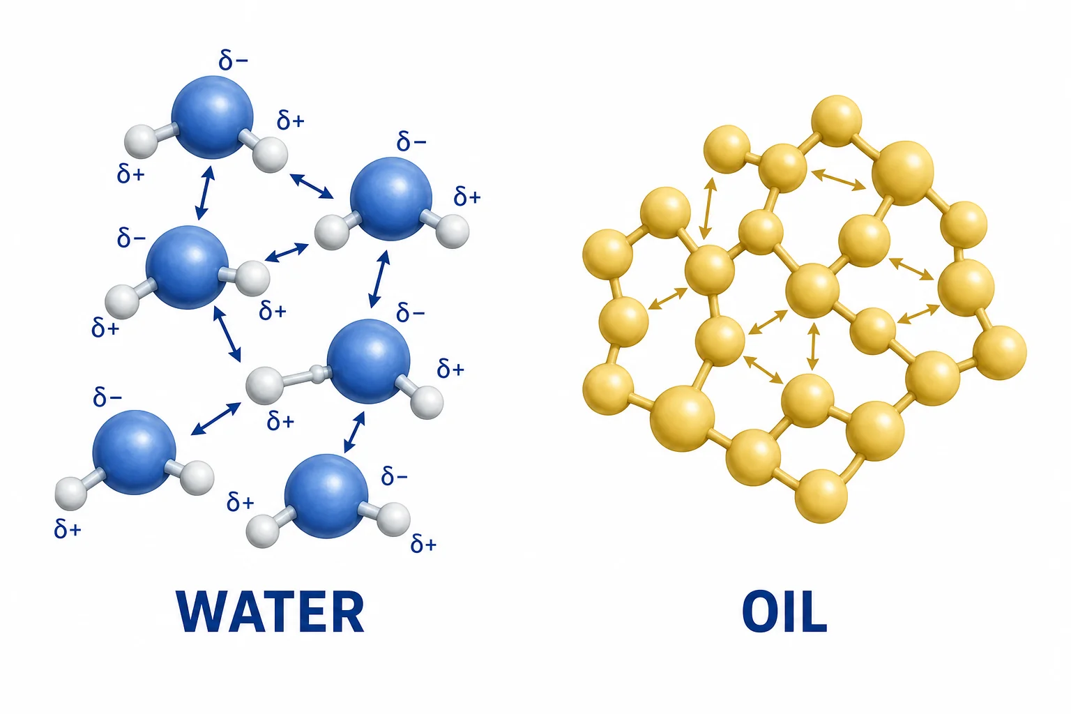 Water molecules grouped together beside oil molecules that stay in a separate droplet