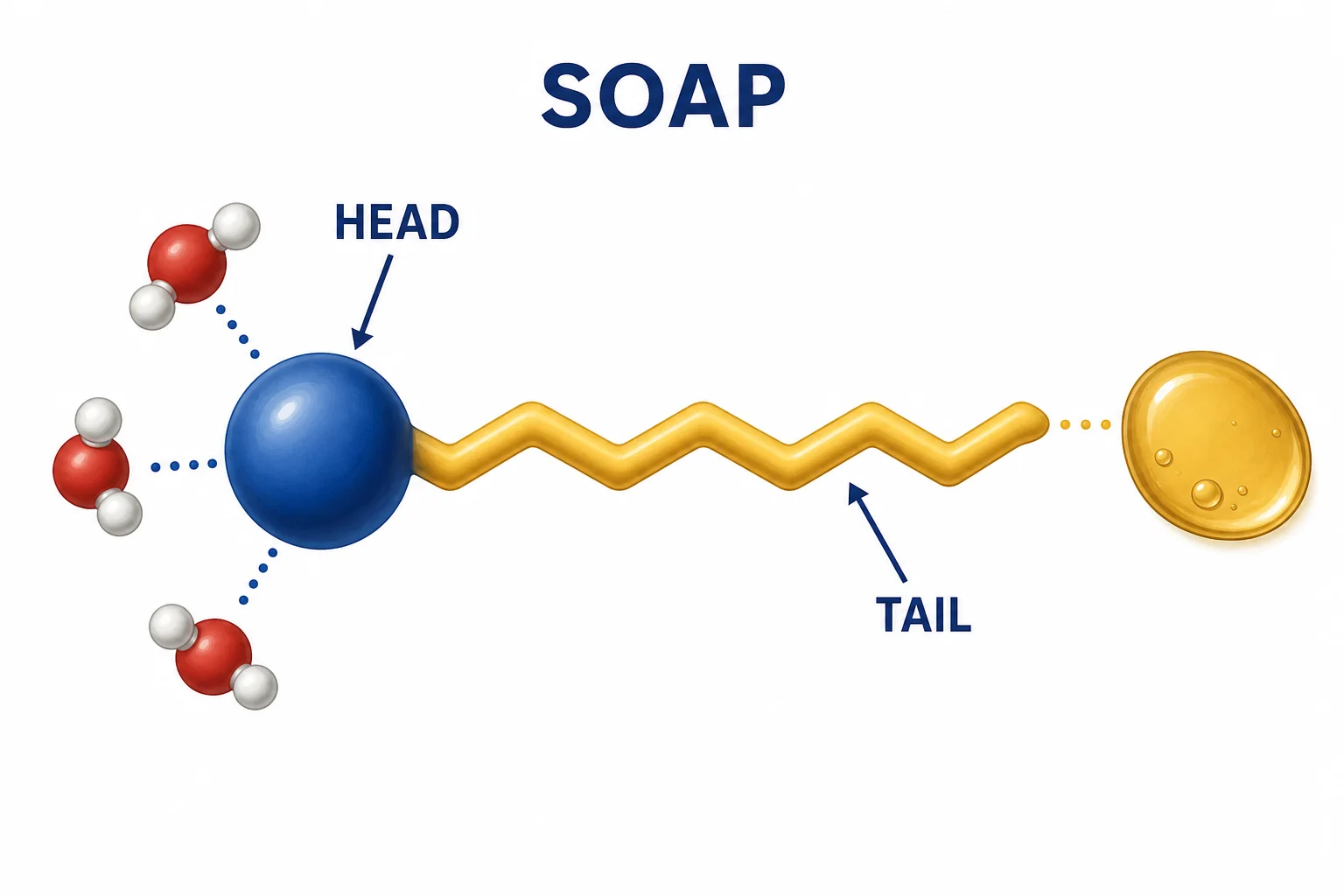 A soap molecule with a water-loving head and an oil-loving tail