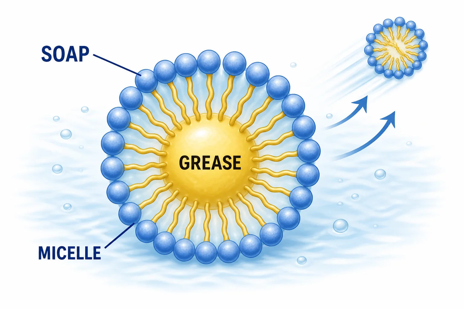 Soap molecules arranged around a grease droplet with tails inward and heads outward