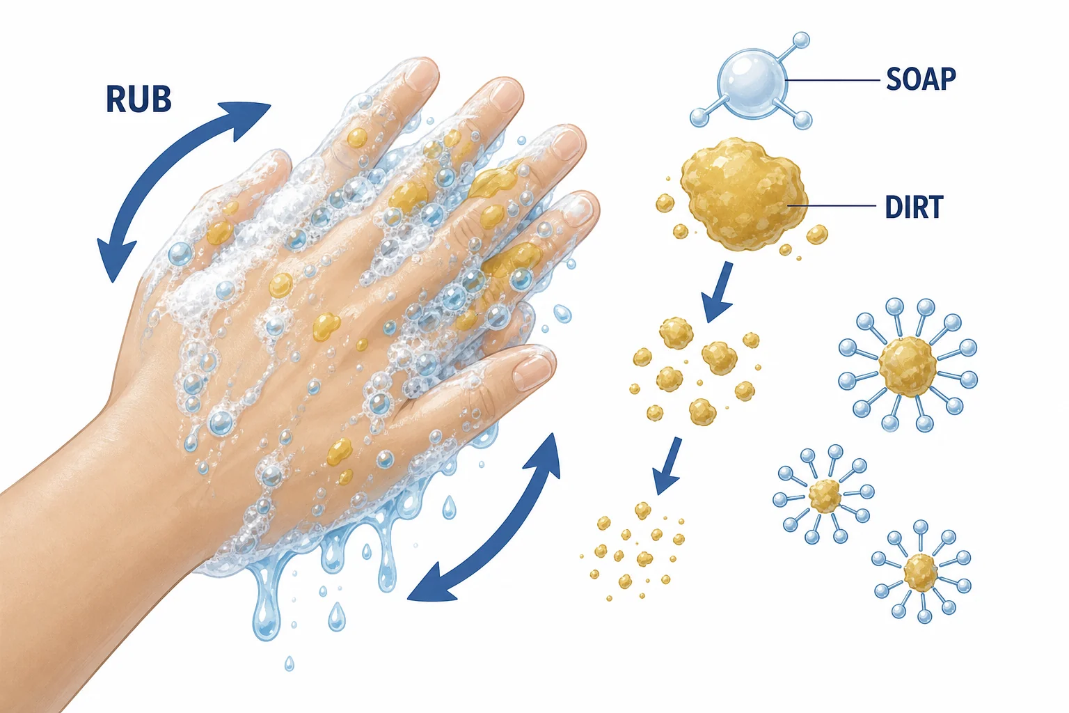 Hands rubbing with soap as small grease droplets break apart and become surrounded by soap molecules