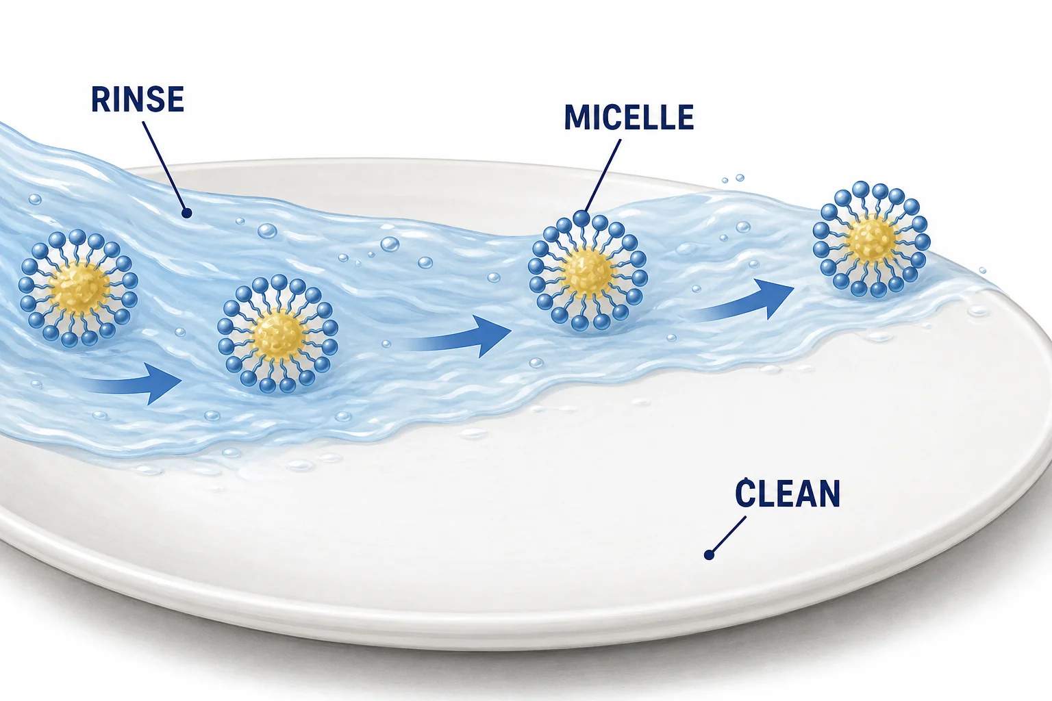Rinse water carrying micelles with trapped grease away from a clean surface