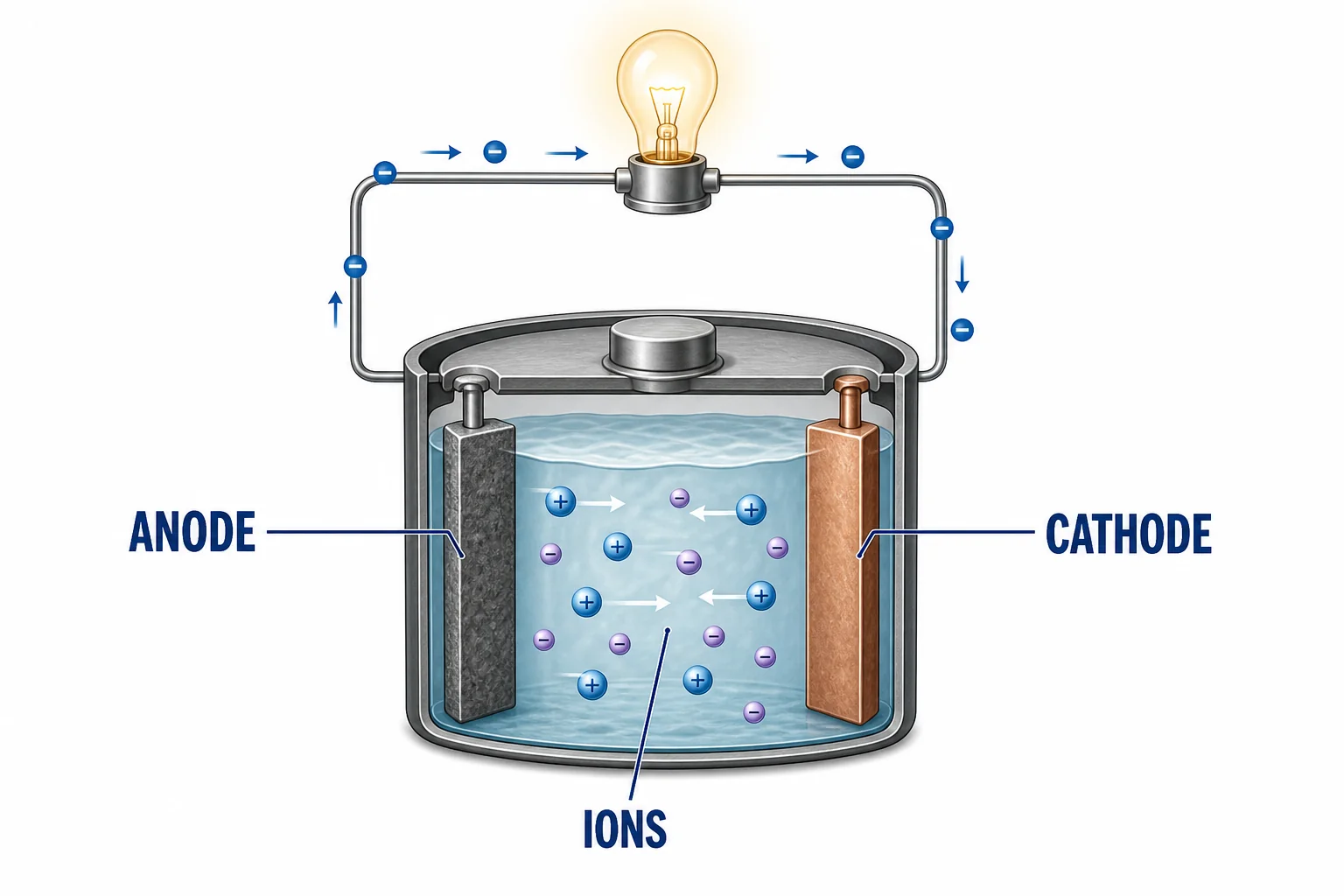 Diagram of a simple battery cell with two electrodes in an electrolyte and electrons moving through an external wire.