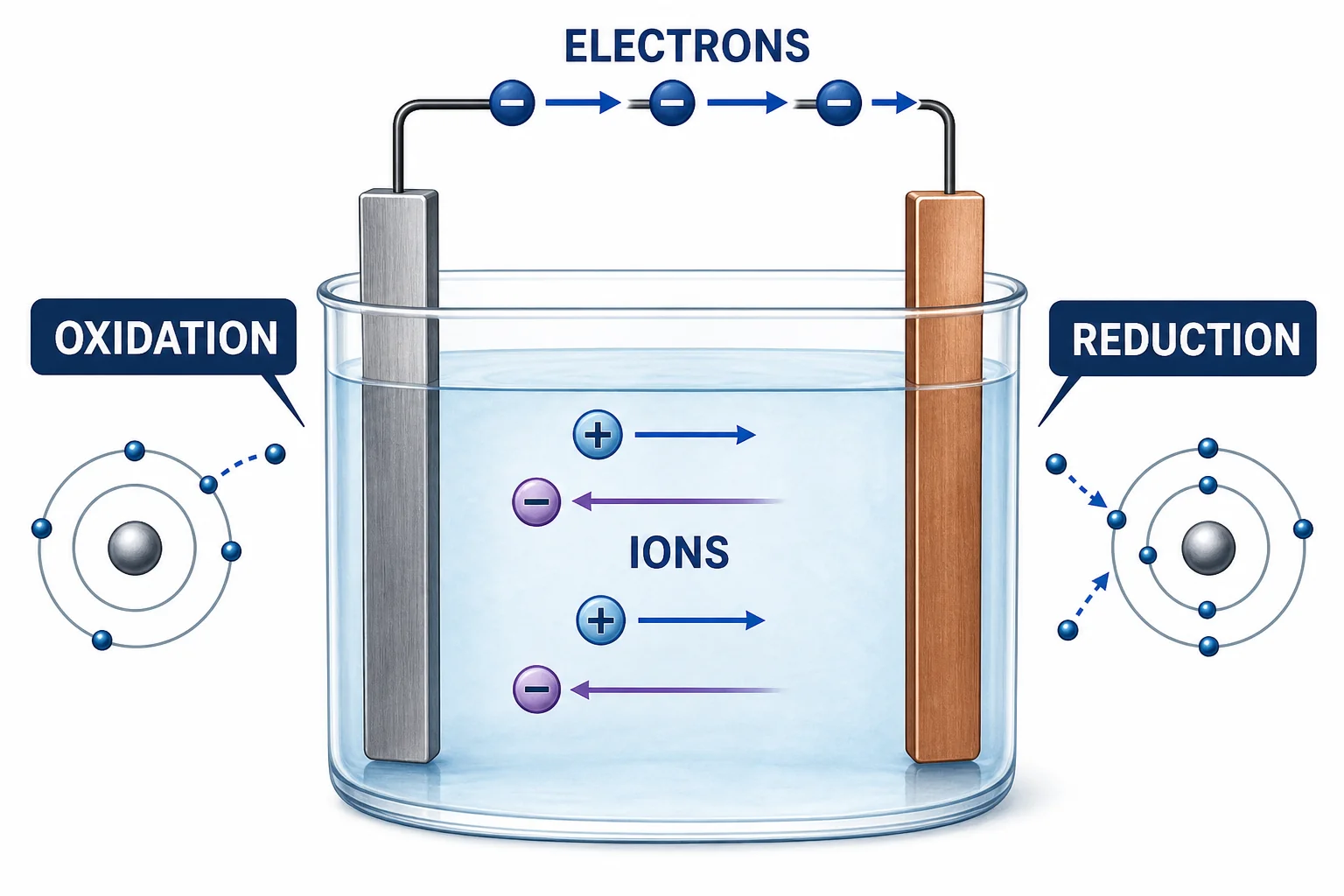 Split diagram showing oxidation at one electrode, reduction at the other electrode, electron flow in the wire, and ion flow in the electrolyte.