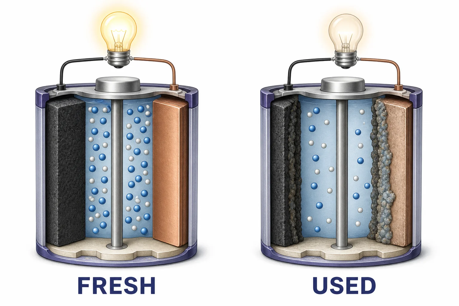 Comparison of a fresh battery cell with large reactant regions and a depleted cell with product buildup on the electrodes.
