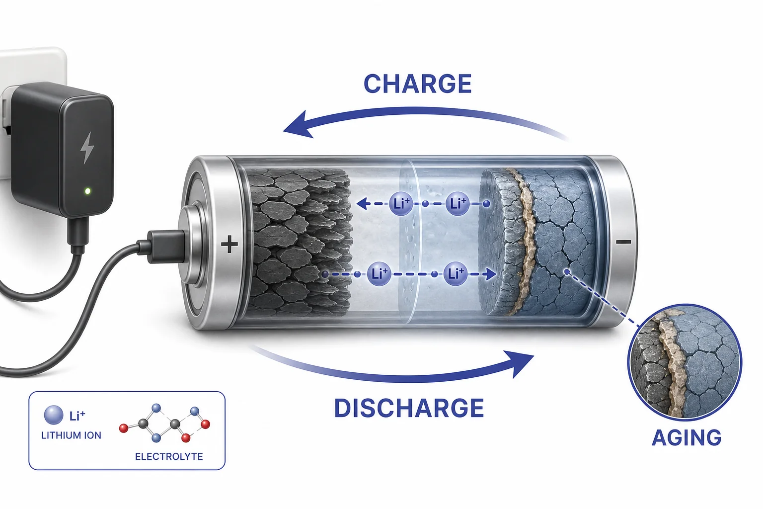 Rechargeable battery diagram showing discharge arrows one way and charging arrows the opposite way, with small signs of aging on the electrodes.