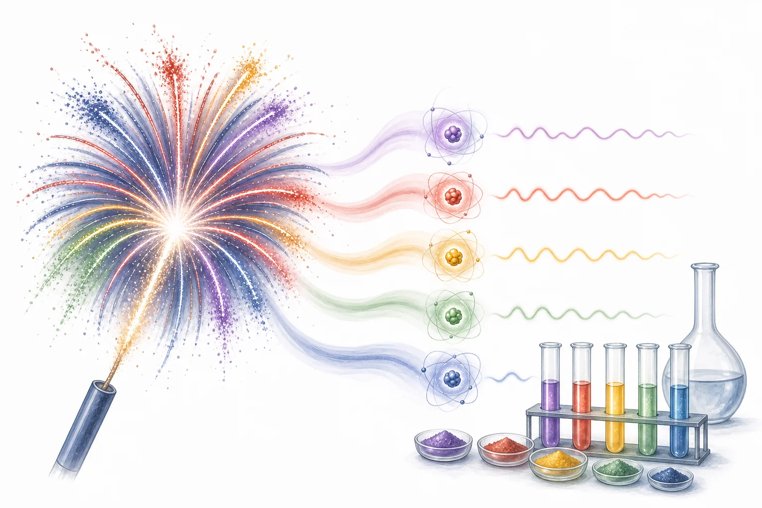 Diagram of fireworks bursts showing that different metal ions produce different colors of light