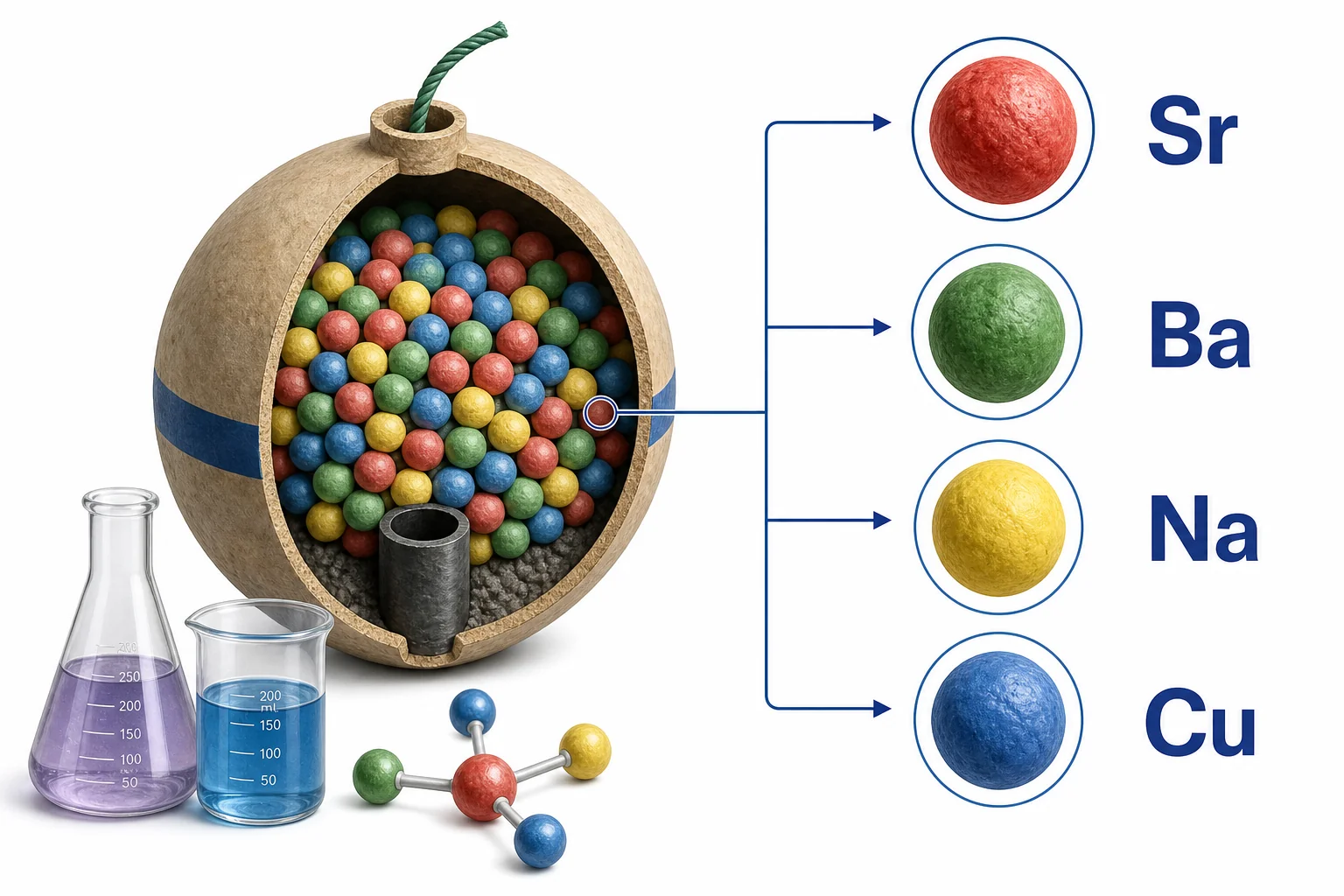Cutaway diagram of a firework shell showing stars that contain different metal salts for color