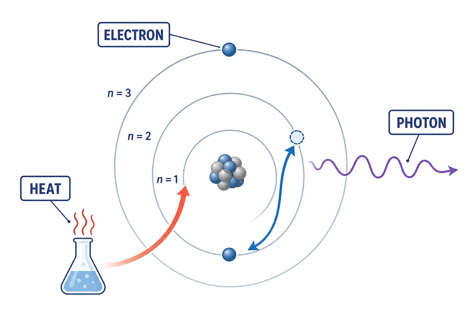 Energy level diagram showing an electron absorbing heat energy and then emitting a photon