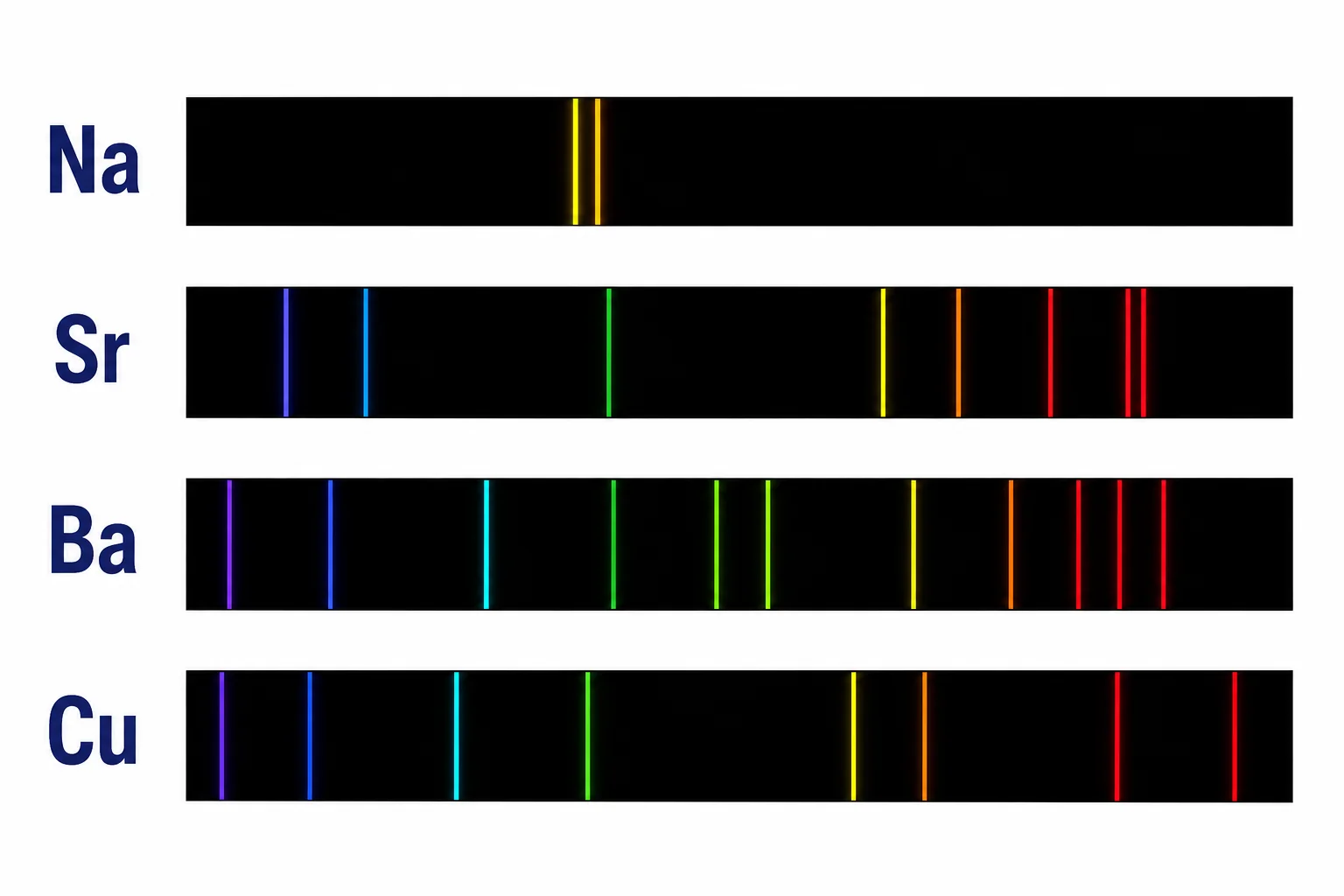 Emission spectra shown as colored lines for sodium, strontium, barium, and copper