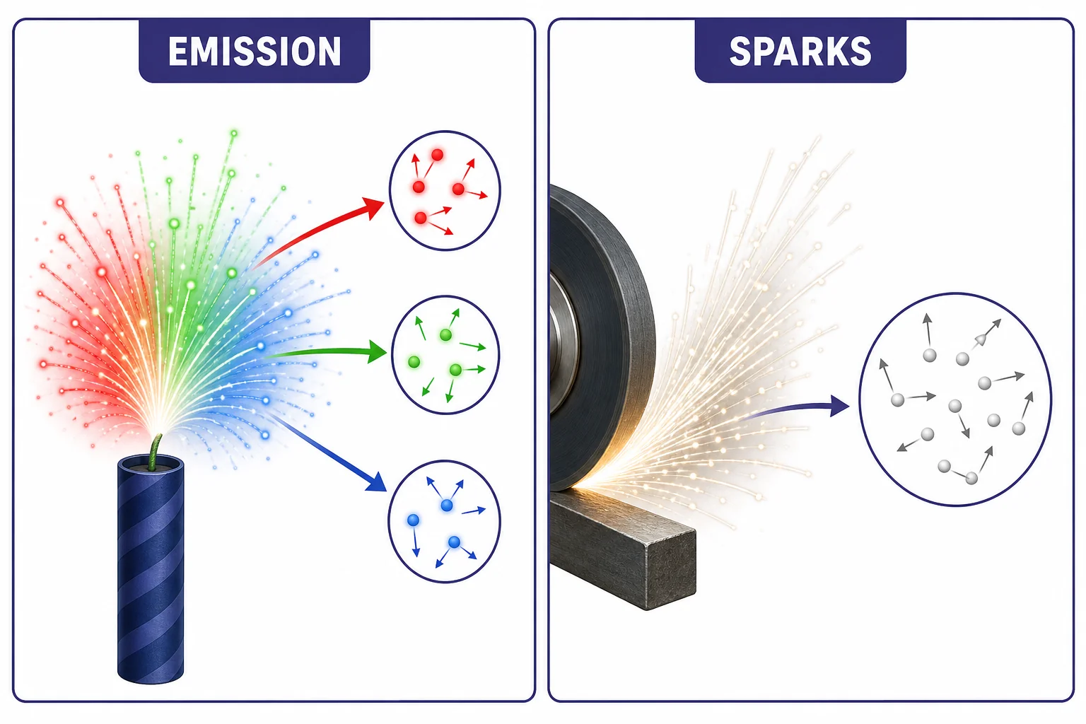 Diagram comparing colored emission from metal ions with white sparks from hot metal particles