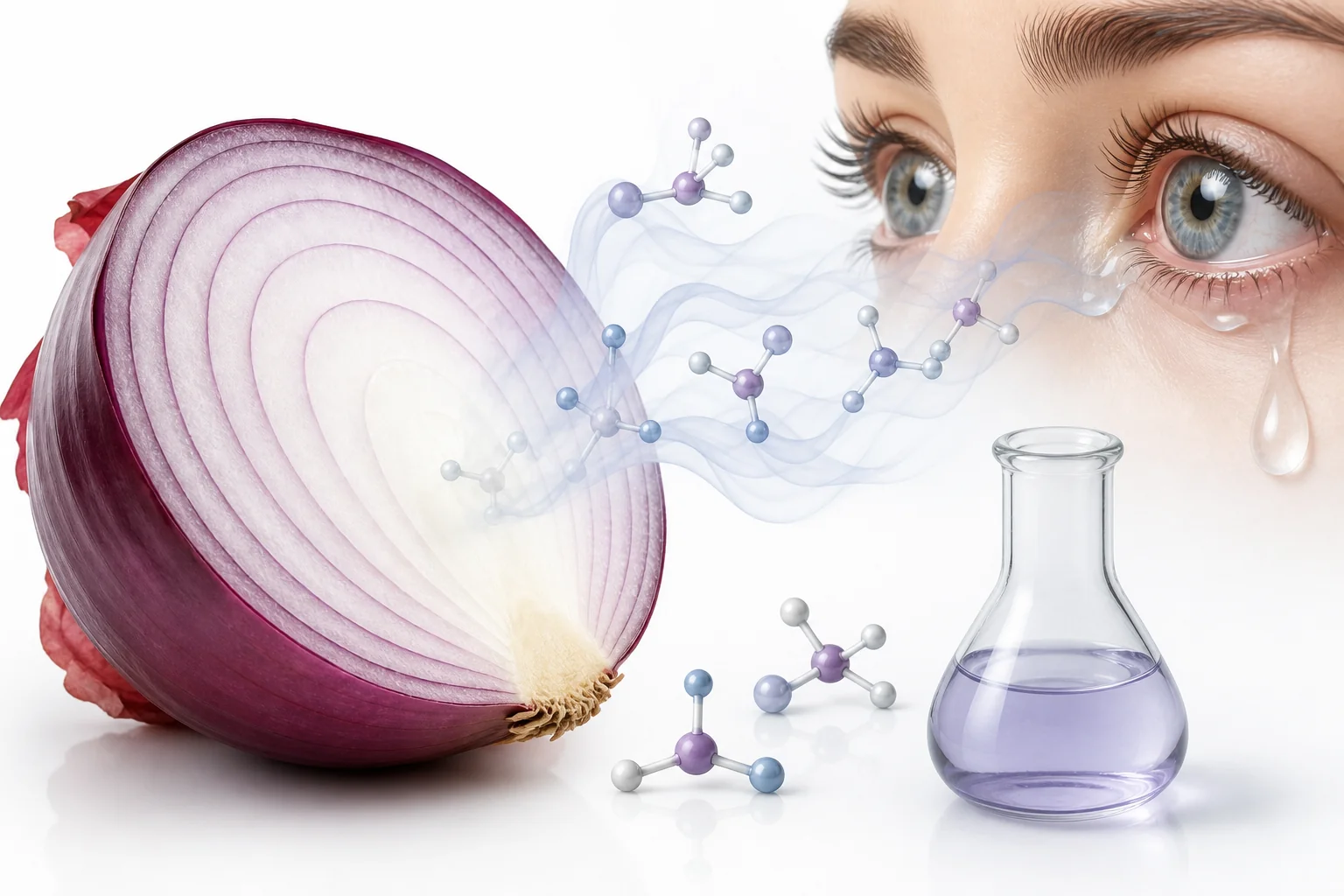 A cut onion releasing tiny particles toward a person's eye, showing that broken onion cells can send chemicals into the air