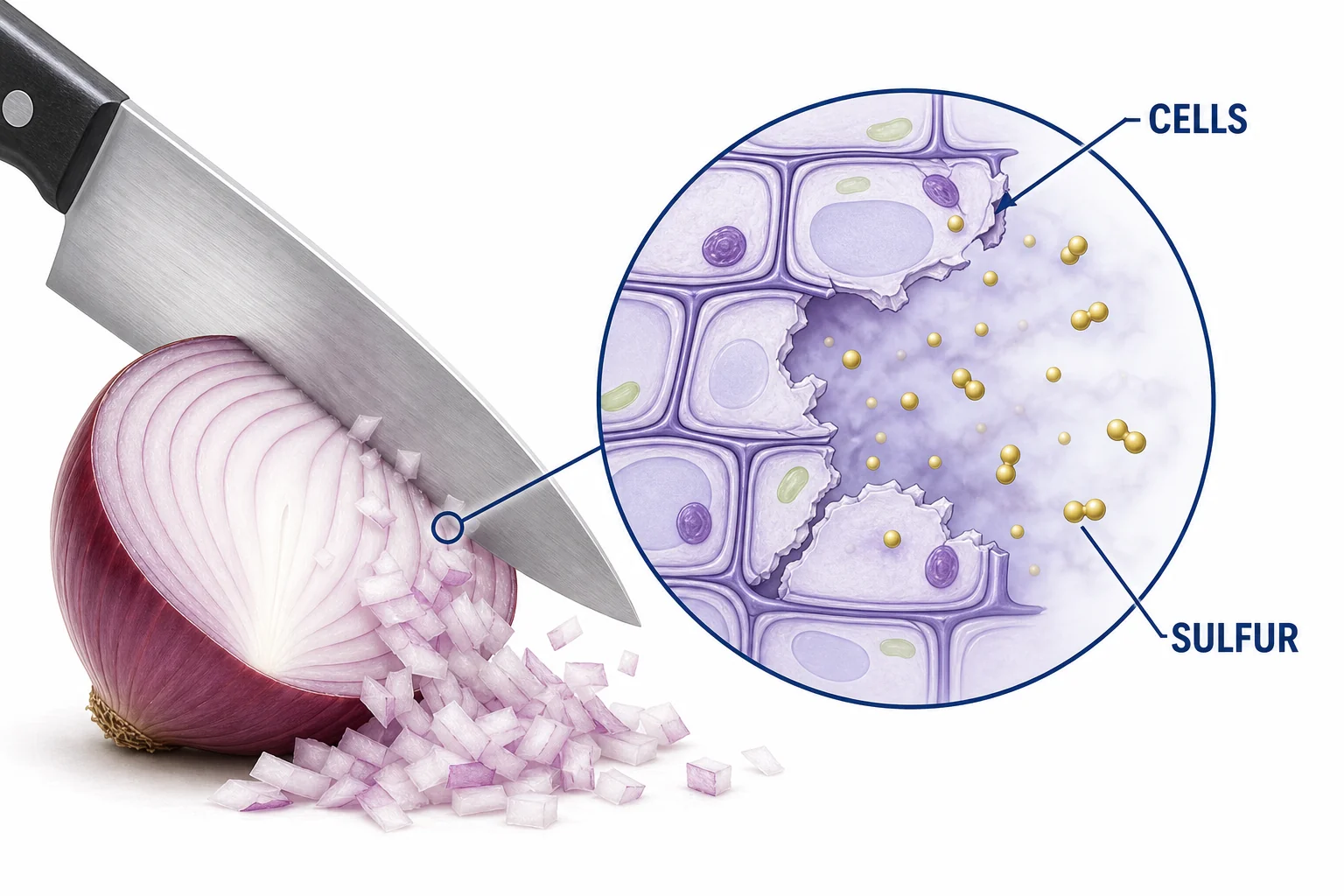 A magnified cutaway of onion cells, with a knife breaking cell walls and small sulfur compounds leaving the damaged cells