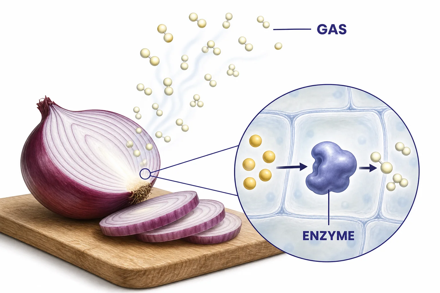 An onion slice releasing small airborne molecules after enzymes act on sulfur compounds