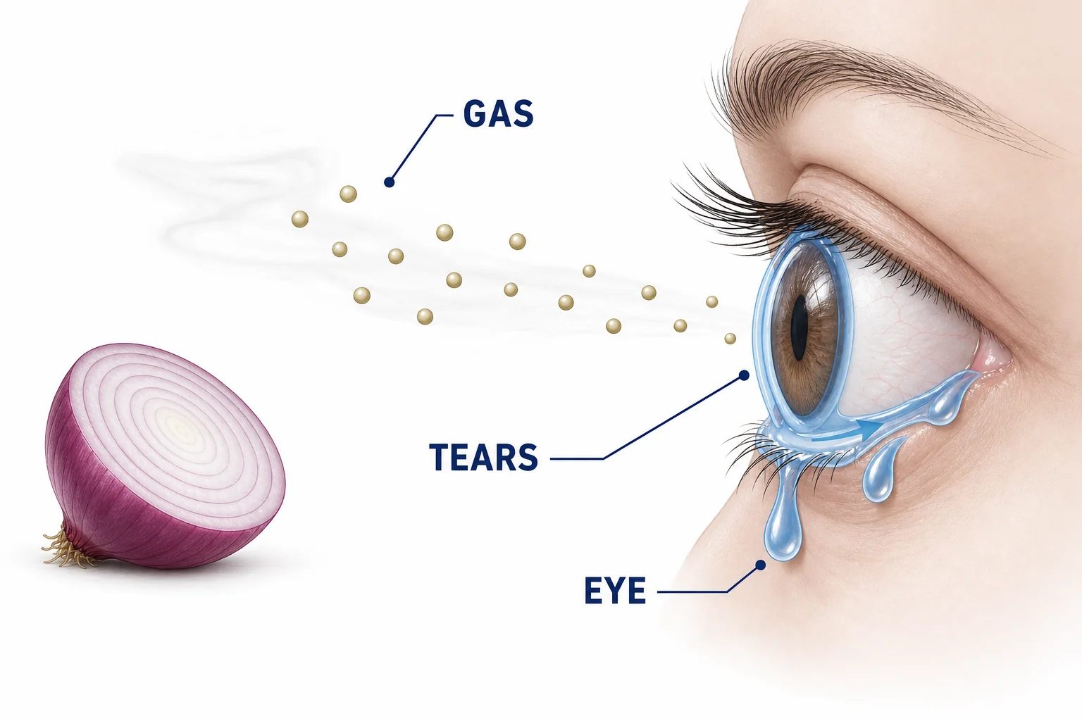 A close view of an eye with onion gas dissolving in the moist tear layer and tears washing the surface