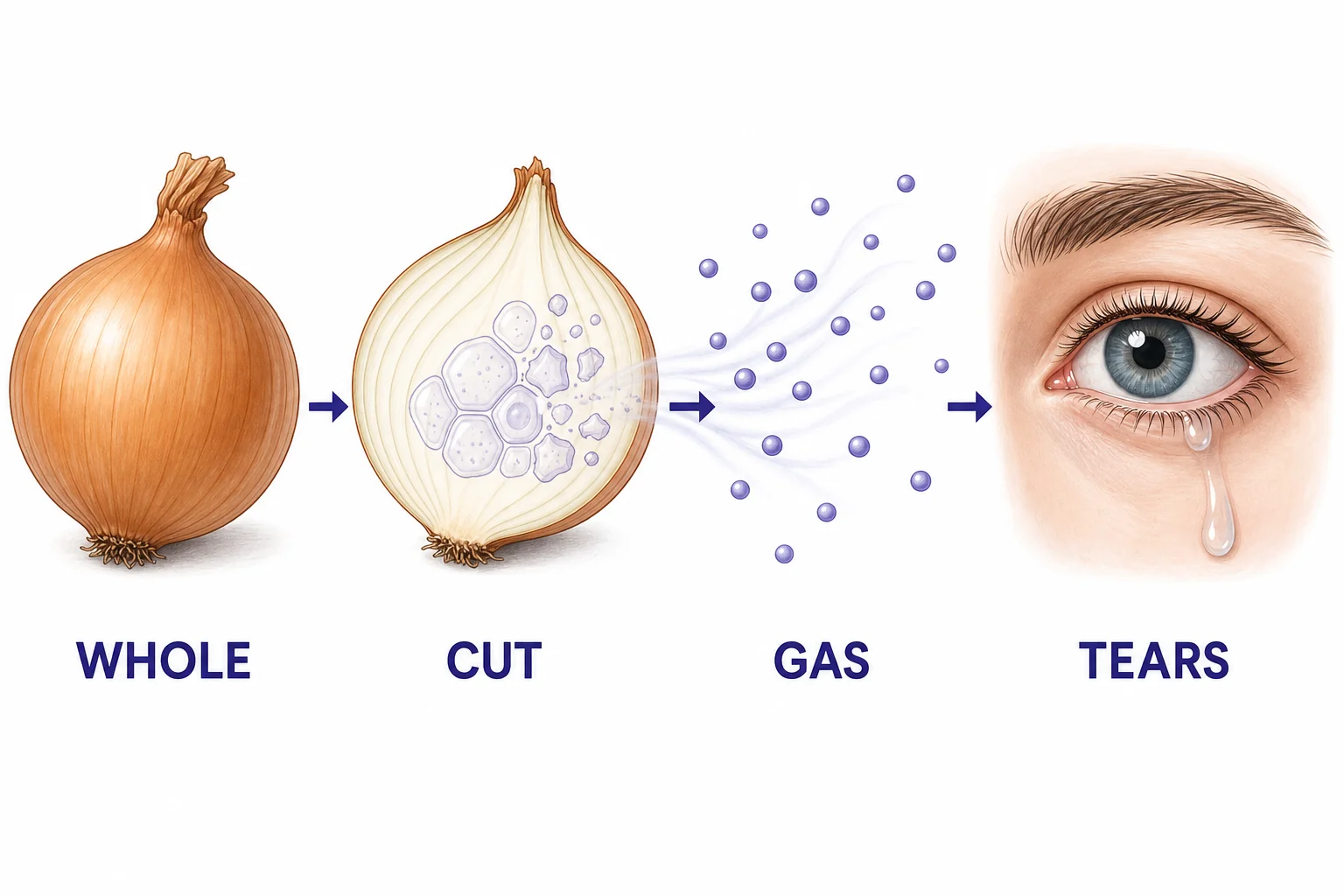 A simple sequence showing a whole onion, a cut onion, airborne gas, and tears as evidence of a chemical reaction
