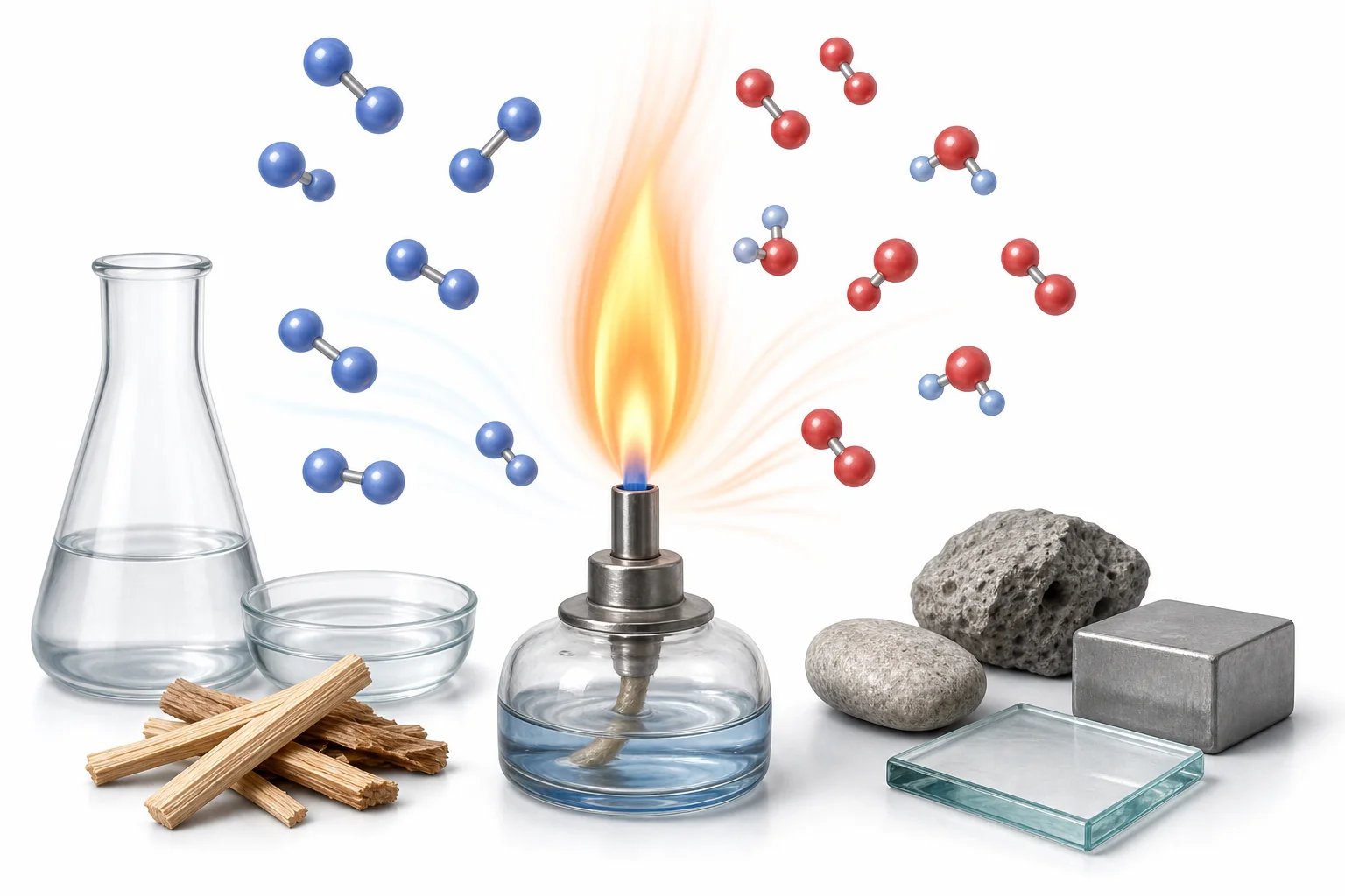 A candle flame, a metal spoon, a glass cup, and a strip of magnesium used to compare materials that burn and materials that do not burn easily