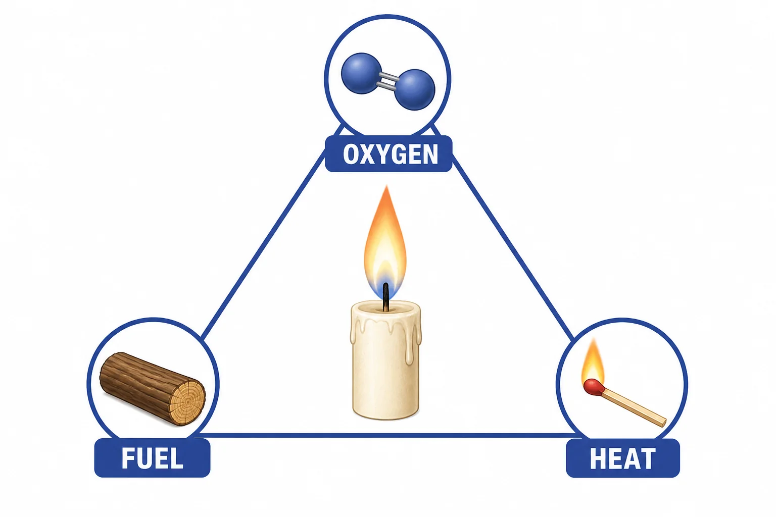 A triangle model showing fuel, oxygen, and heat around a small candle flame