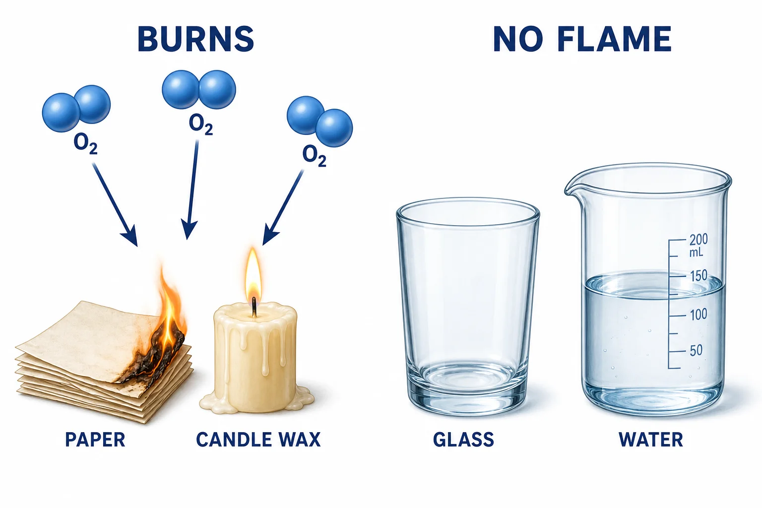 A comparison chart showing paper and wax as fuels and glass and water as materials that do not burn in normal air