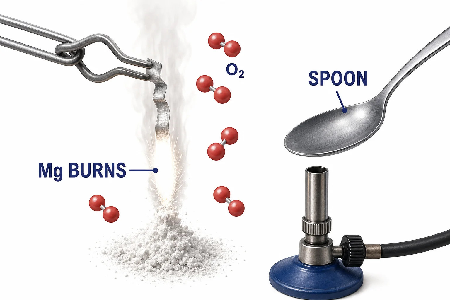 A magnesium ribbon burning to form magnesium oxide, next to a steel spoon that does not ignite