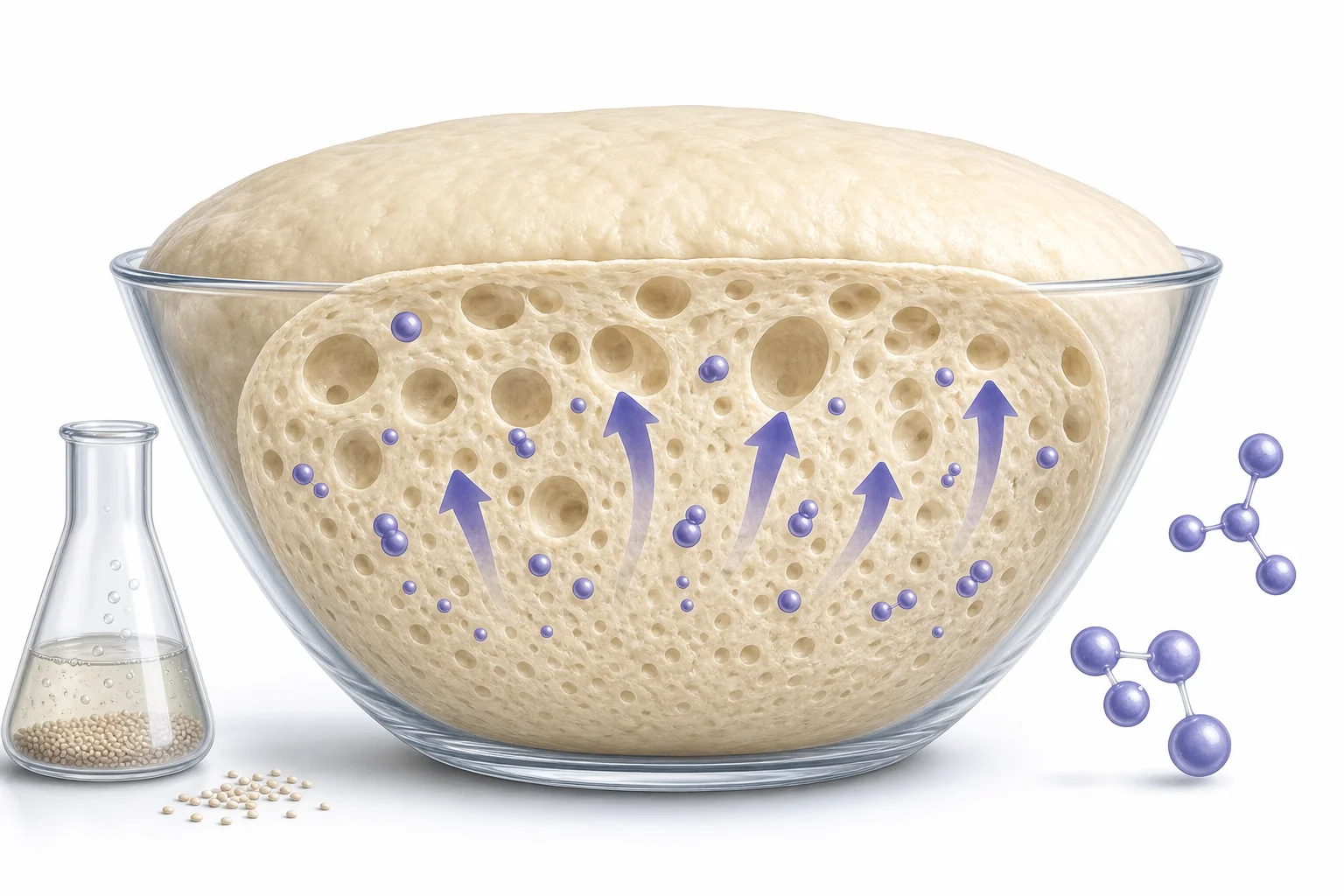 A cutaway view of bread dough showing yeast cells making gas bubbles that become holes in baked bread.