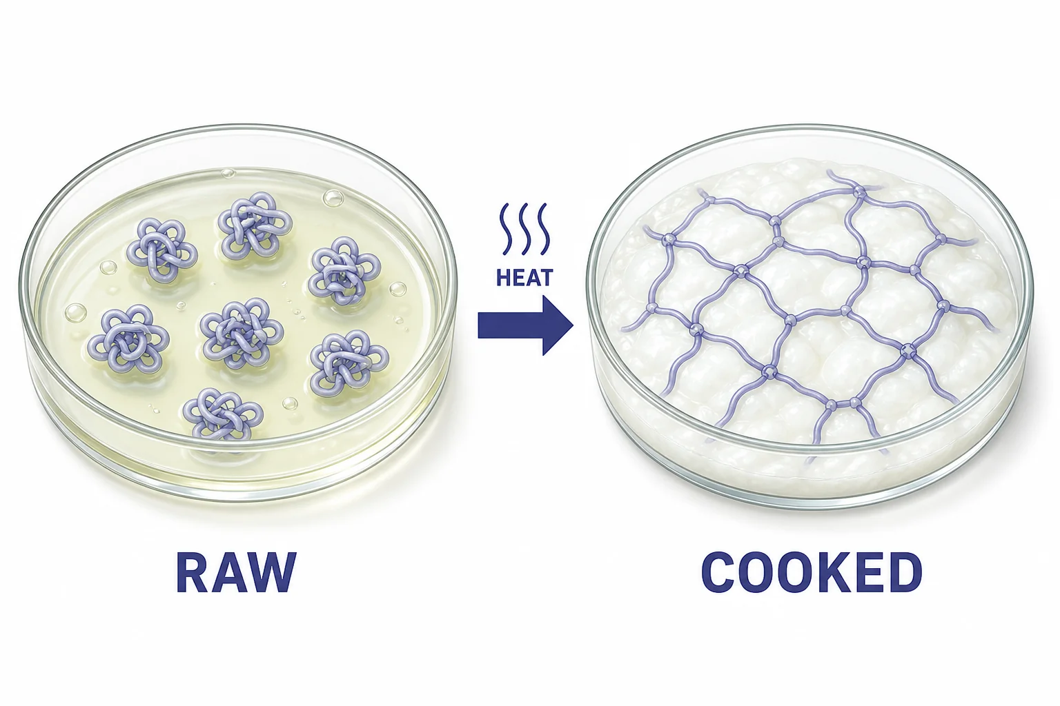 Protein molecules in raw egg white unfolding and linking together as the egg cooks.