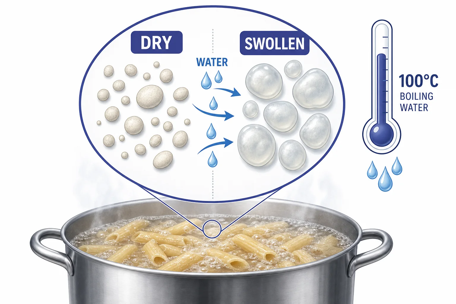 Starch granules in pasta absorbing water and swelling during boiling.